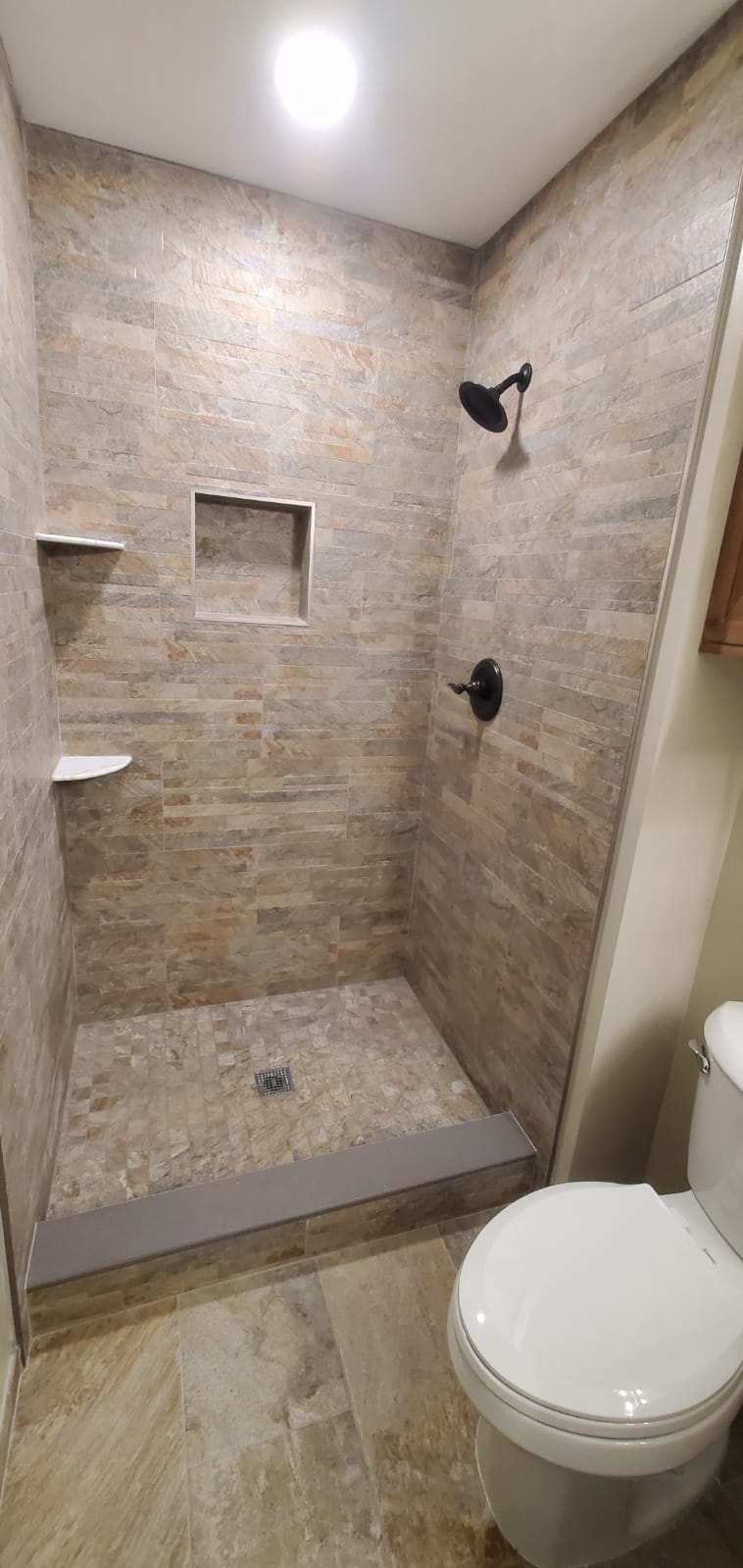 Modern walk-in glass tile shower project layout